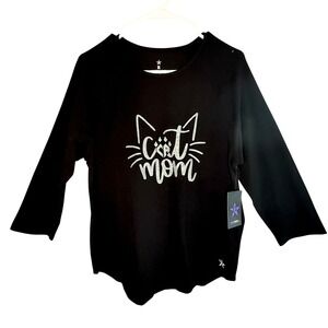 Rebel Athletic Cat Mom Shirt Adult Large Black Silver Glitter 3/4 Sleeve NWT